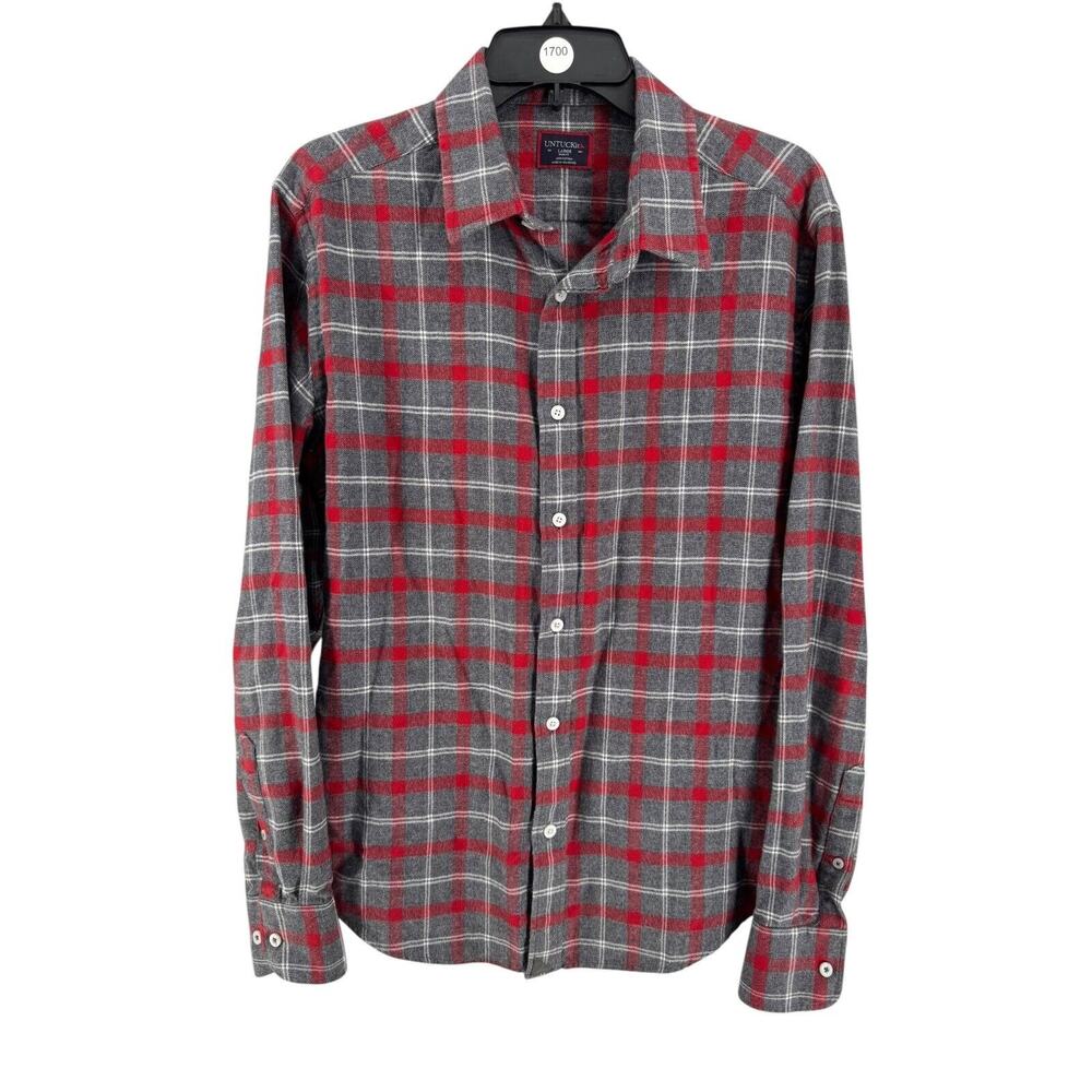 UNTUCKit Men's Red Gray Plaid Slim Jaxon Button Up Flannel Shirt Size Large